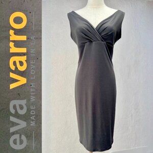Eva Varro V-Neck Sleeveless Stretchy Tea-Length Grey Sheath Dress Size Medium